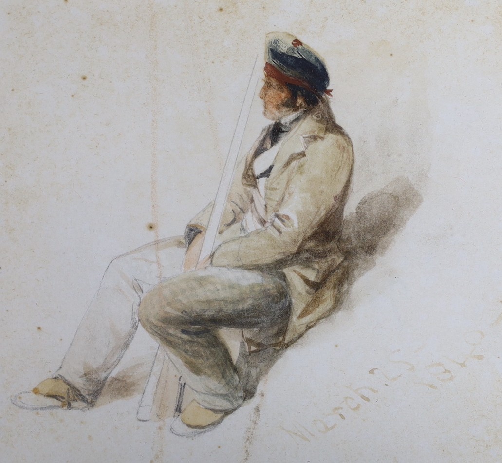 Thomas Miles Richardson Jnr, Seated Scotsman with a gun, watercolour, inscribed 'March 25.1840', 12 x 12.5cm